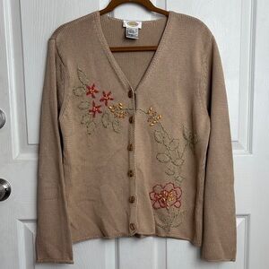 Talbots Beige Floral Embroidered Cardigan Sweater Size Large Mercerized Cotton